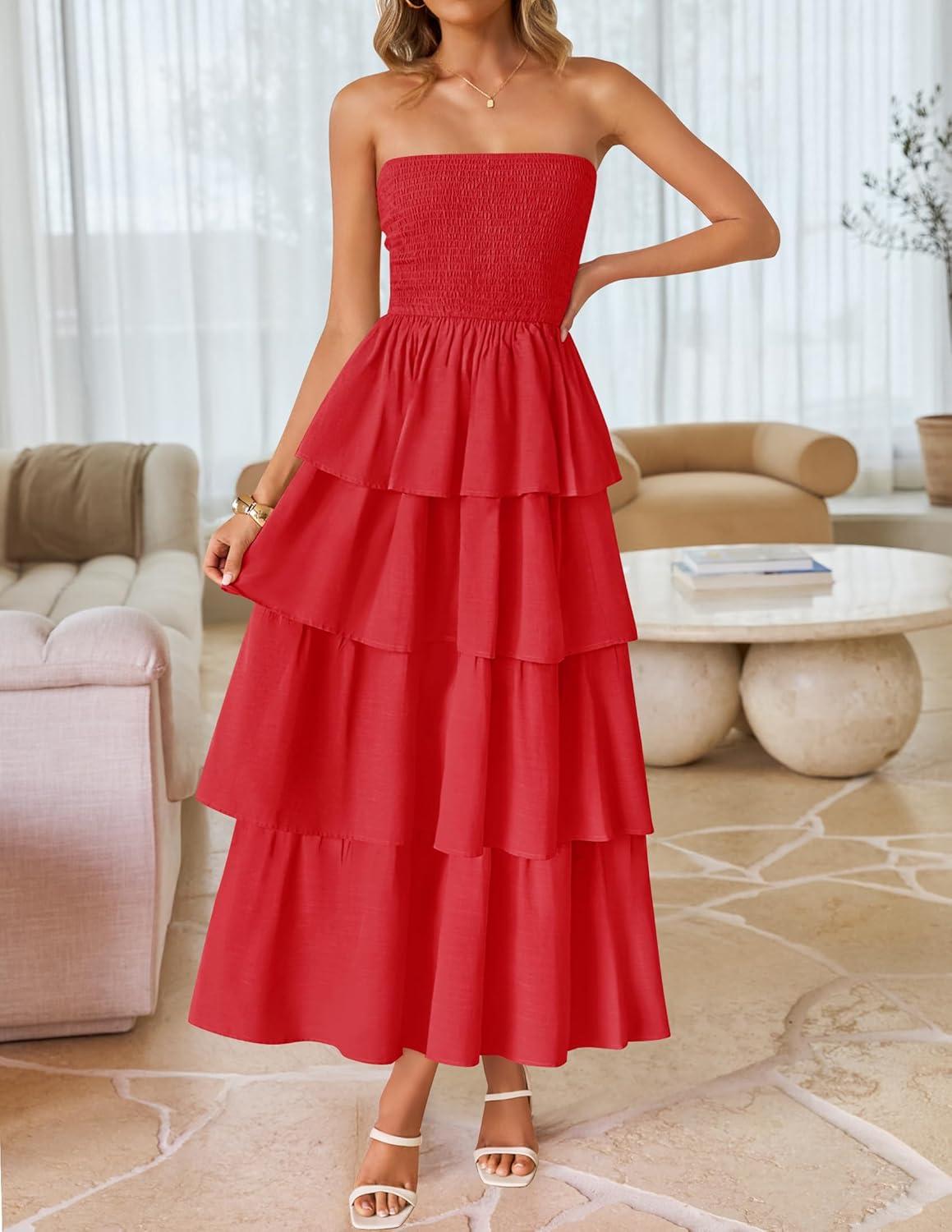imageZESICA Womens Summer Boho Strapless Maxi Dress 2026 Casual Sleeveless Off Shoulder Smocked Tiered Beach Long SundressRed
