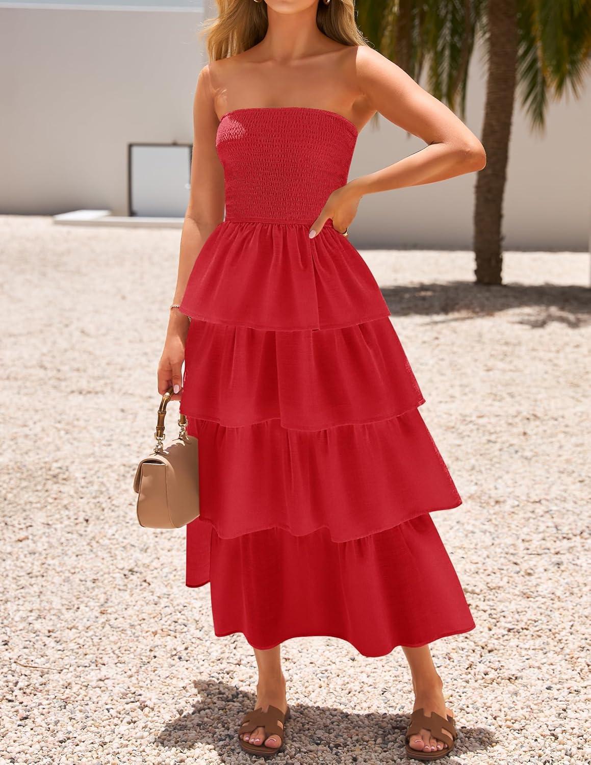 imageZESICA Womens Summer Boho Strapless Maxi Dress 2026 Casual Sleeveless Off Shoulder Smocked Tiered Beach Long SundressRed