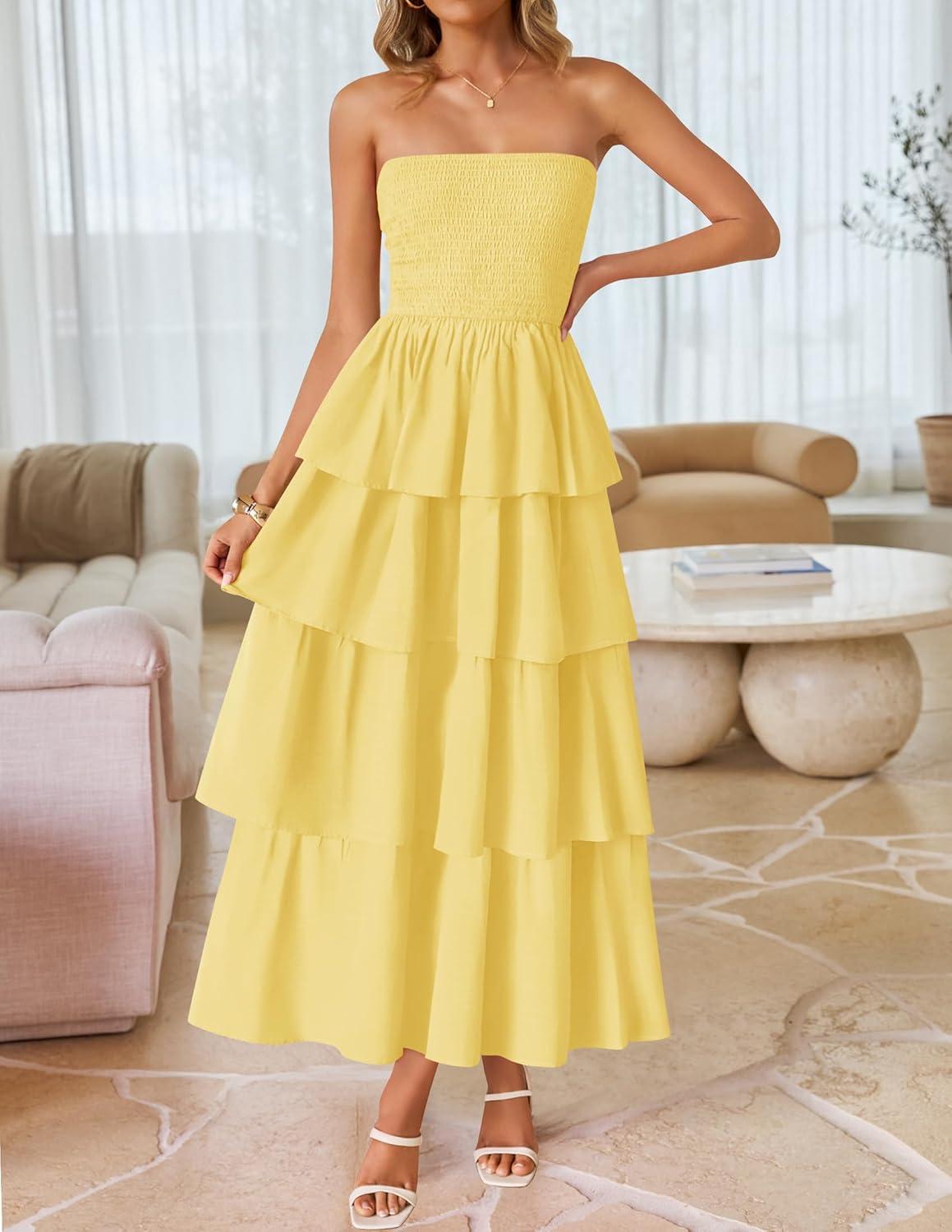 imageZESICA Womens Summer Boho Strapless Maxi Dress 2026 Casual Sleeveless Off Shoulder Smocked Tiered Beach Long SundressYellow