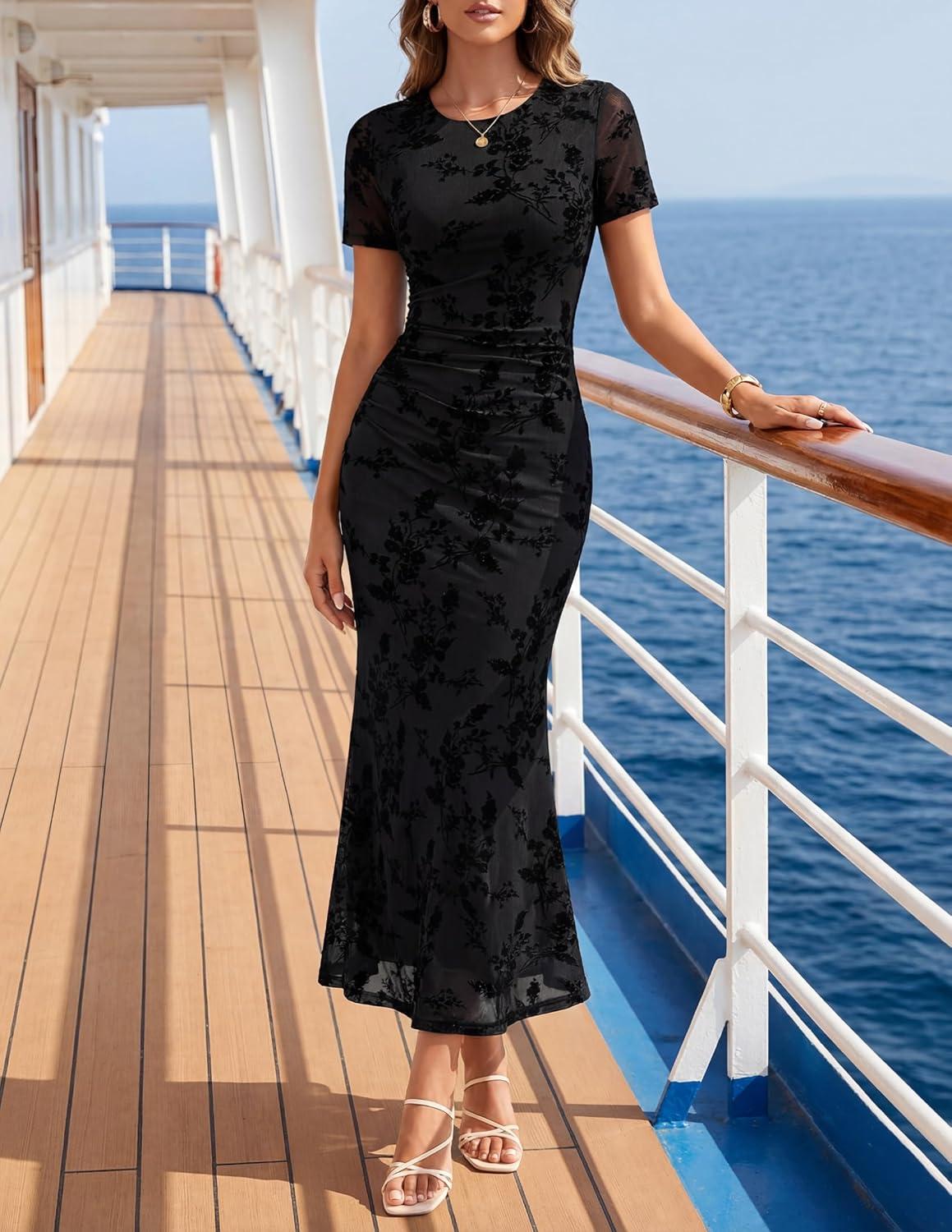 imageZESICA Womens Summer Short Sleeve Floral Bodycon Dress 2026 Ruched Mesh Wedding Guest Cocktail Party Maxi DressesBlack