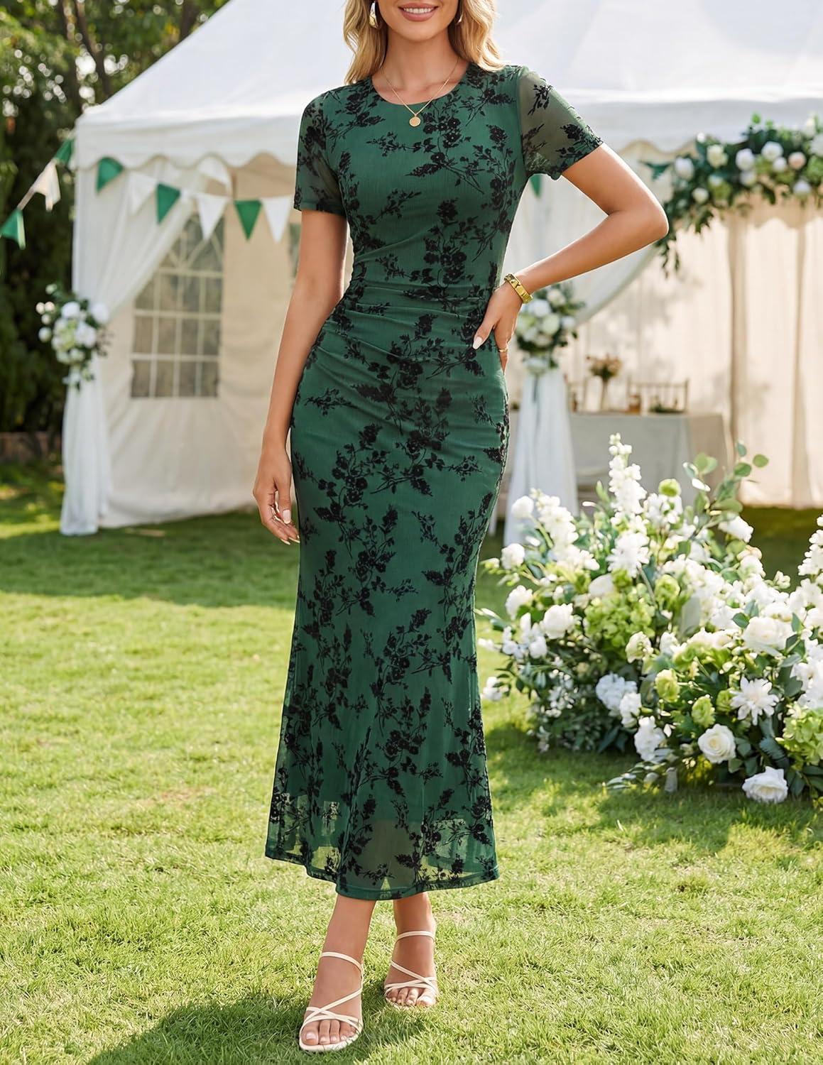 imageZESICA Womens Summer Short Sleeve Floral Bodycon Dress 2026 Ruched Mesh Wedding Guest Cocktail Party Maxi DressesGreen