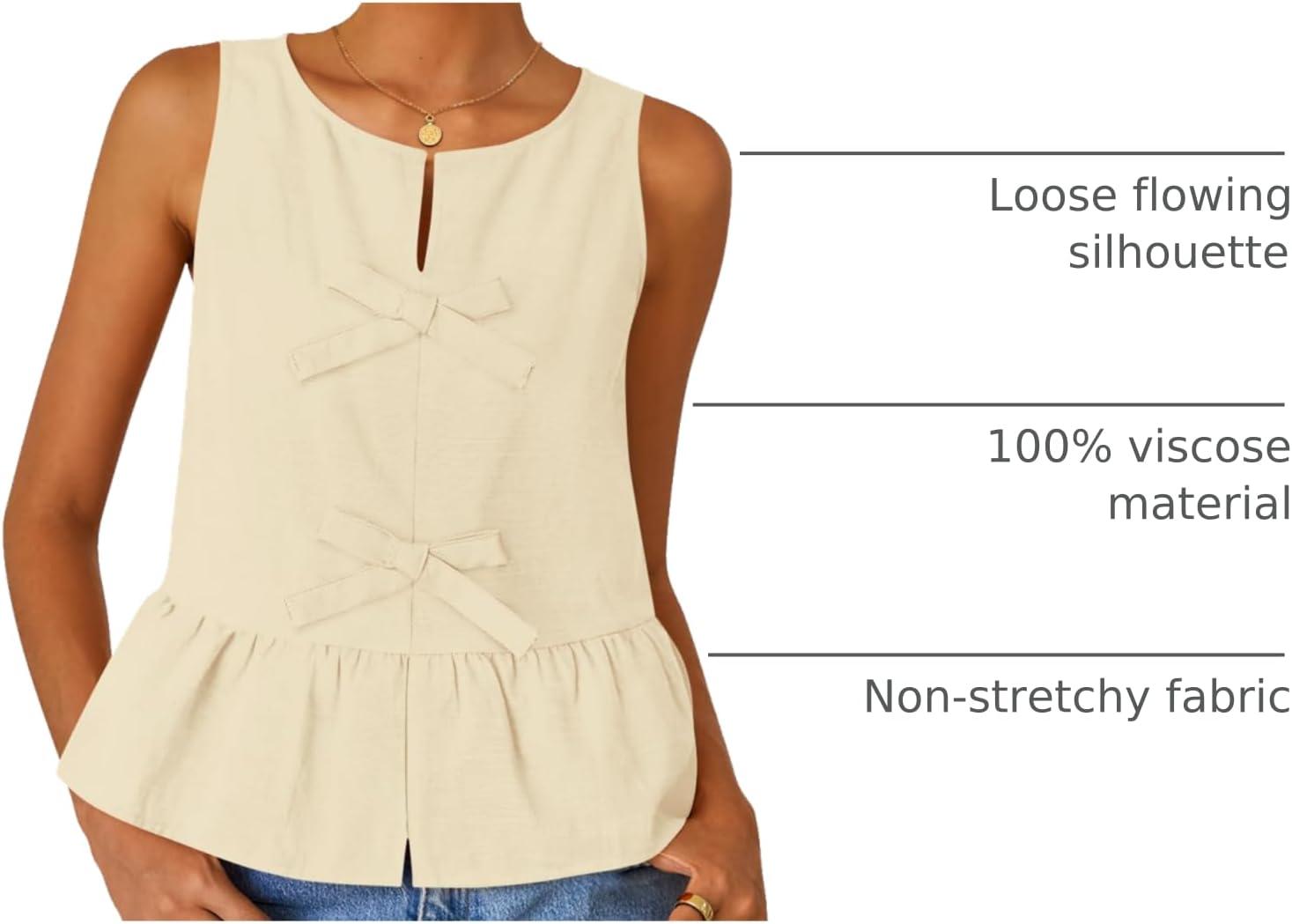 imageZESICA Womens Summer Sleeveless Tank Tops Crewneck Tie Front Loose Flowy Ruffle Peplum Babydoll BlousesApricot