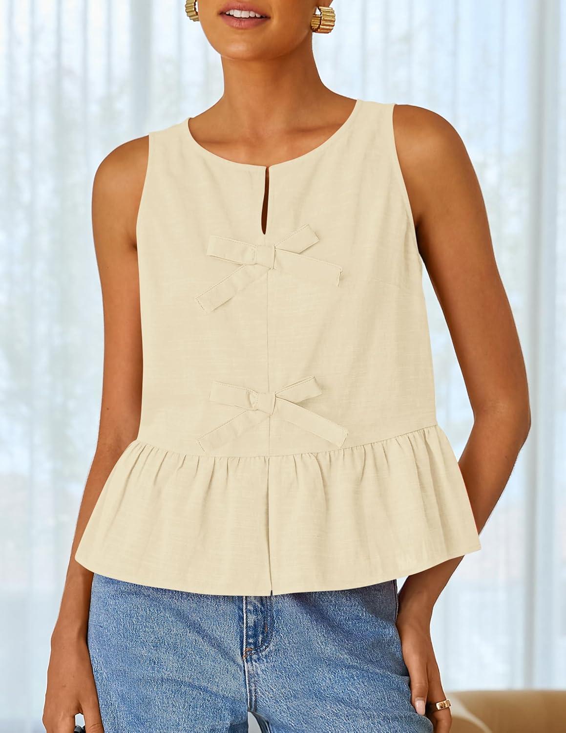 imageZESICA Womens Summer Sleeveless Tank Tops Crewneck Tie Front Loose Flowy Ruffle Peplum Babydoll BlousesApricot