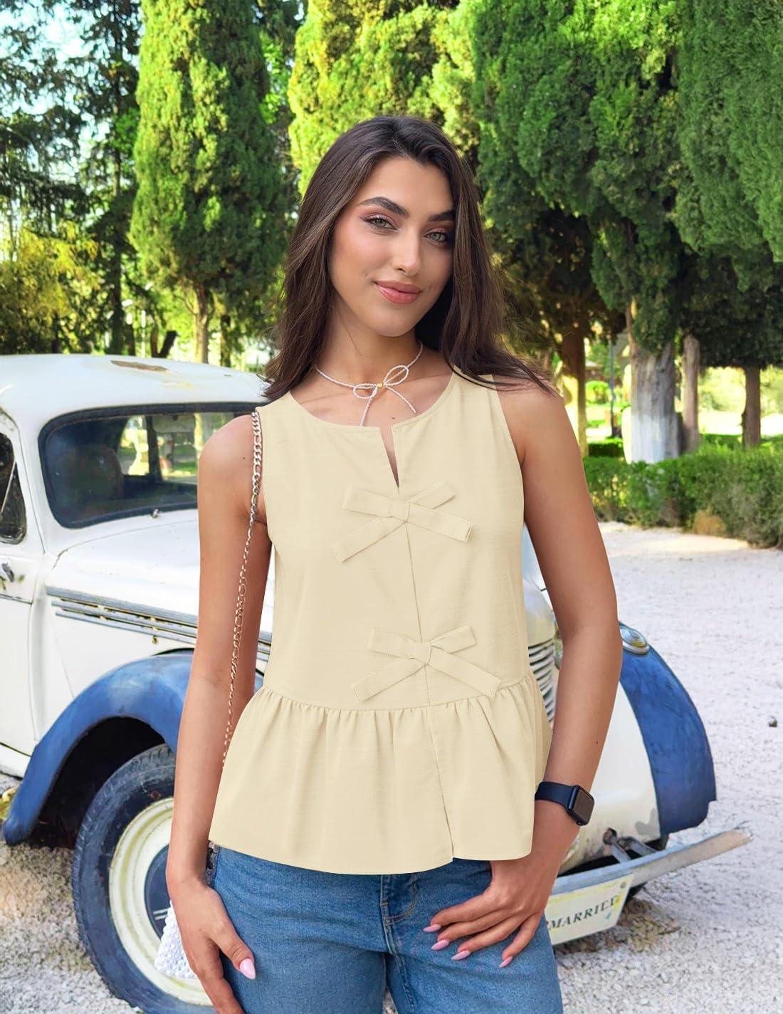 imageZESICA Womens Summer Sleeveless Tank Tops Crewneck Tie Front Loose Flowy Ruffle Peplum Babydoll BlousesApricot
