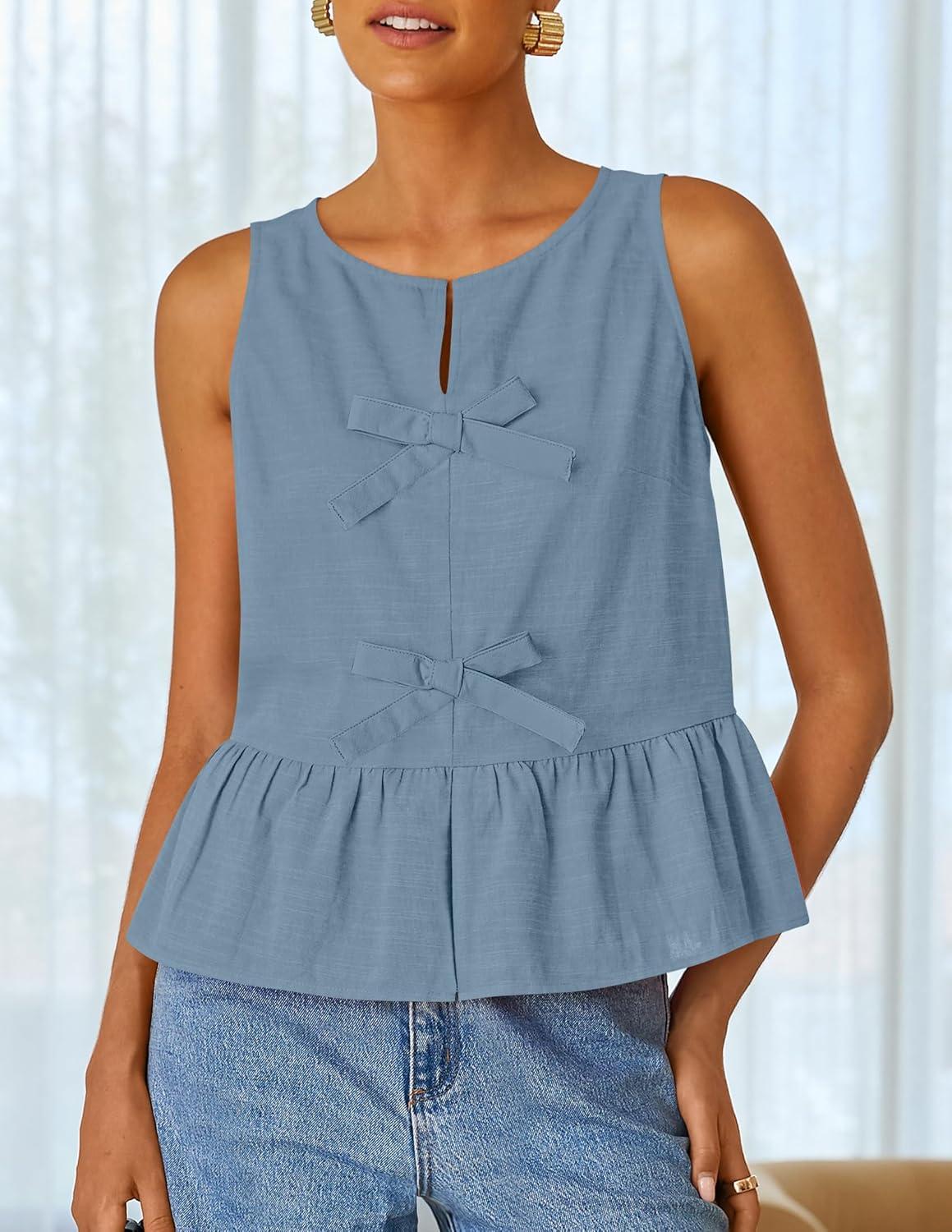 imageZESICA Womens Summer Sleeveless Tank Tops Crewneck Tie Front Loose Flowy Ruffle Peplum Babydoll BlousesDustyblue