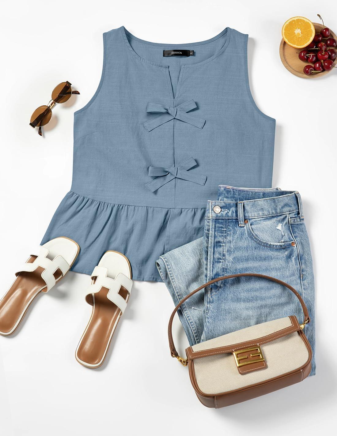 imageZESICA Womens Summer Sleeveless Tank Tops Crewneck Tie Front Loose Flowy Ruffle Peplum Babydoll BlousesDustyblue