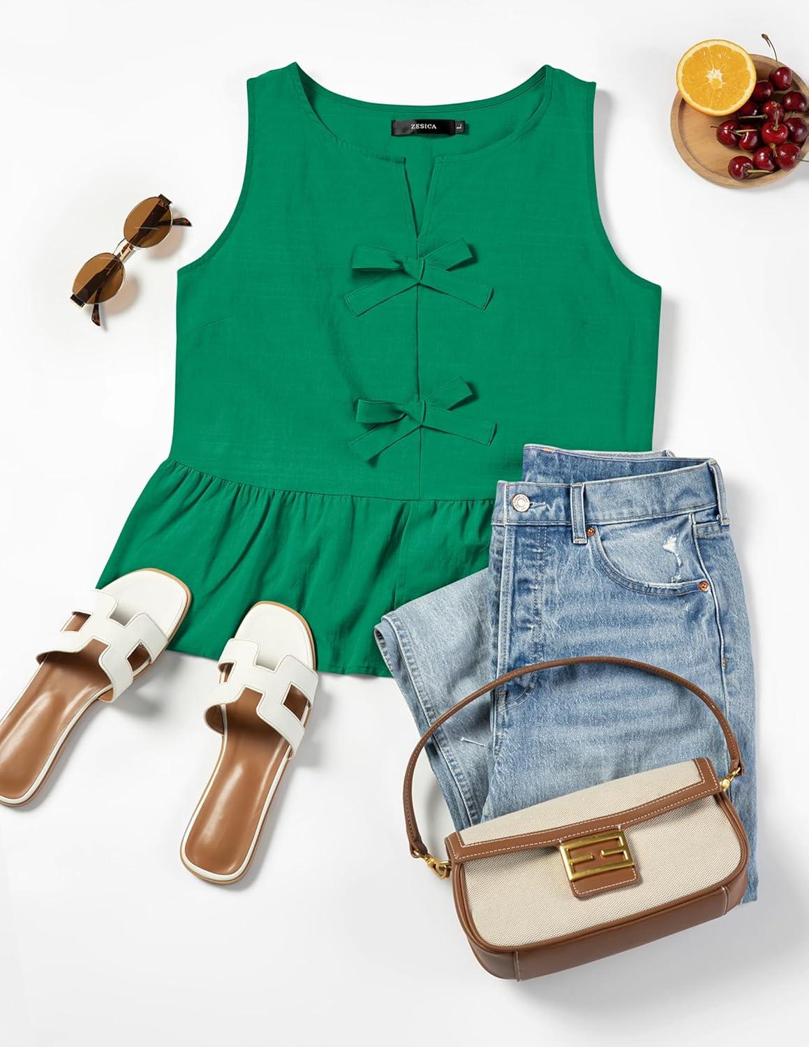 imageZESICA Womens Summer Sleeveless Tank Tops Crewneck Tie Front Loose Flowy Ruffle Peplum Babydoll BlousesGreen