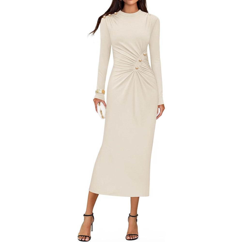 imageZESICA Womens 2026 Fall Long Sleeve Mock Neck Bodycon Midi Dress Ruched Knit Elegant Party Cocktail Formal DressesApricot