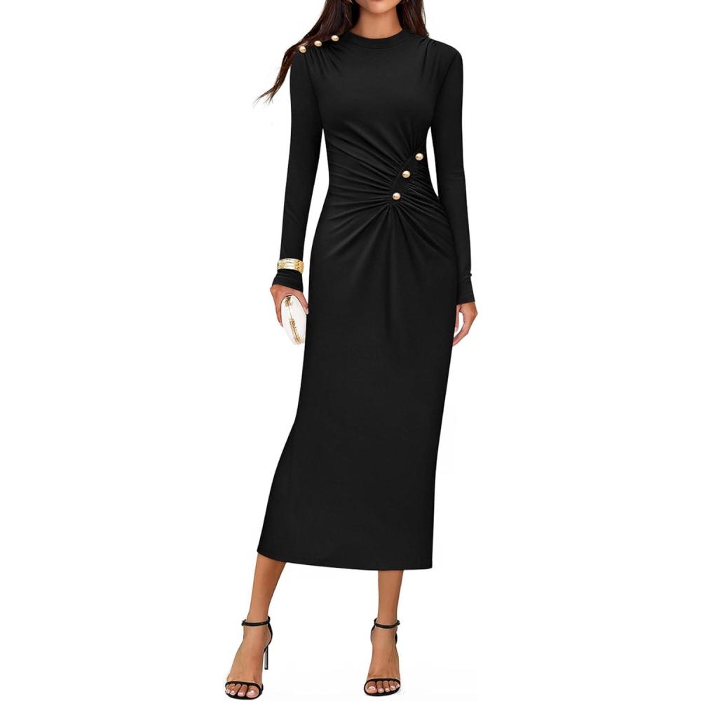 imageZESICA Womens 2026 Fall Long Sleeve Mock Neck Bodycon Midi Dress Ruched Knit Elegant Party Cocktail Formal DressesBlack