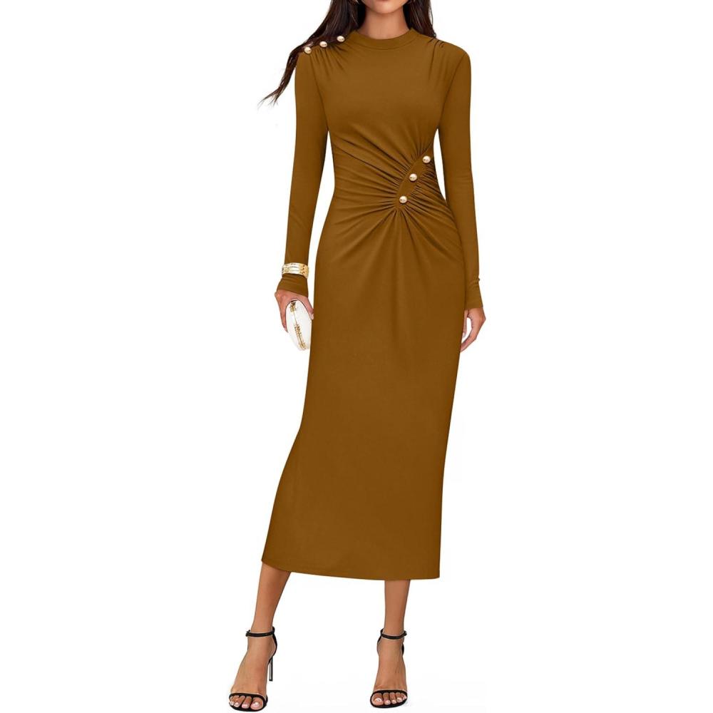 imageZESICA Womens 2026 Fall Long Sleeve Mock Neck Bodycon Midi Dress Ruched Knit Elegant Party Cocktail Formal DressesBrown