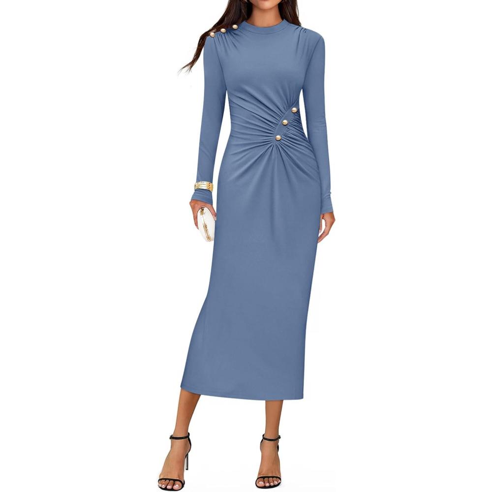 imageZESICA Womens 2026 Fall Long Sleeve Mock Neck Bodycon Midi Dress Ruched Knit Elegant Party Cocktail Formal DressesDustyblue
