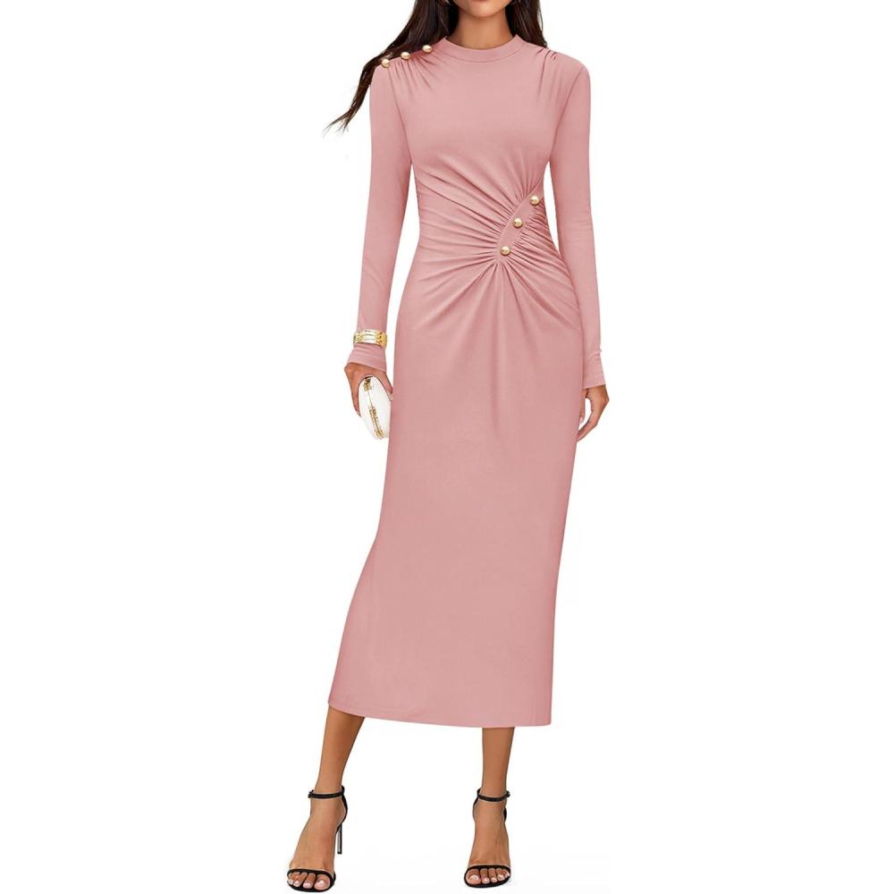 imageZESICA Womens 2026 Fall Long Sleeve Mock Neck Bodycon Midi Dress Ruched Knit Elegant Party Cocktail Formal DressesPink