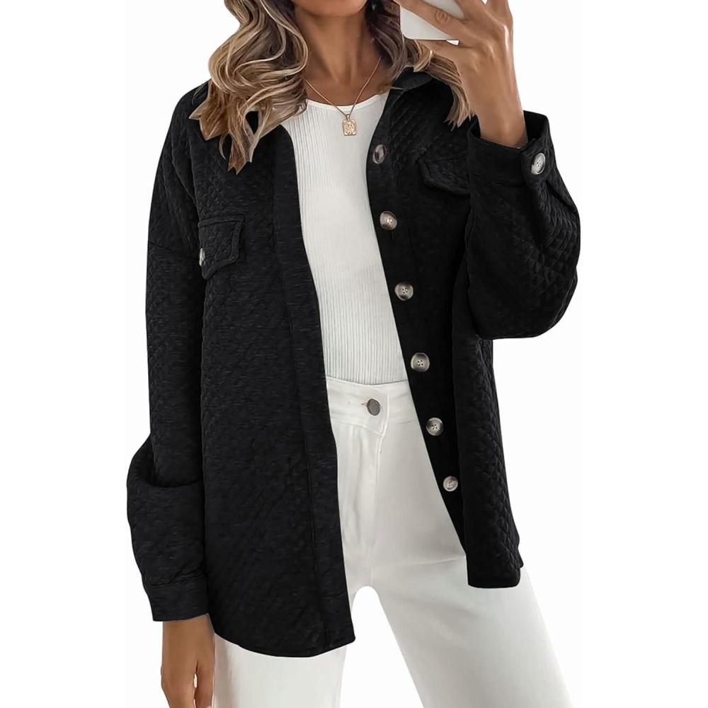 imageZESICA Womens 2026 Spring Casual Long Sleeve Button Down Loose Lightweight Shacket Shirt Jacket Coat Outerwear with PocketsBlack