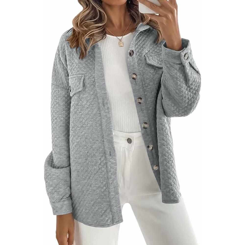 imageZESICA Womens 2026 Spring Casual Long Sleeve Button Down Loose Lightweight Shacket Shirt Jacket Coat Outerwear with PocketsLightgrey
