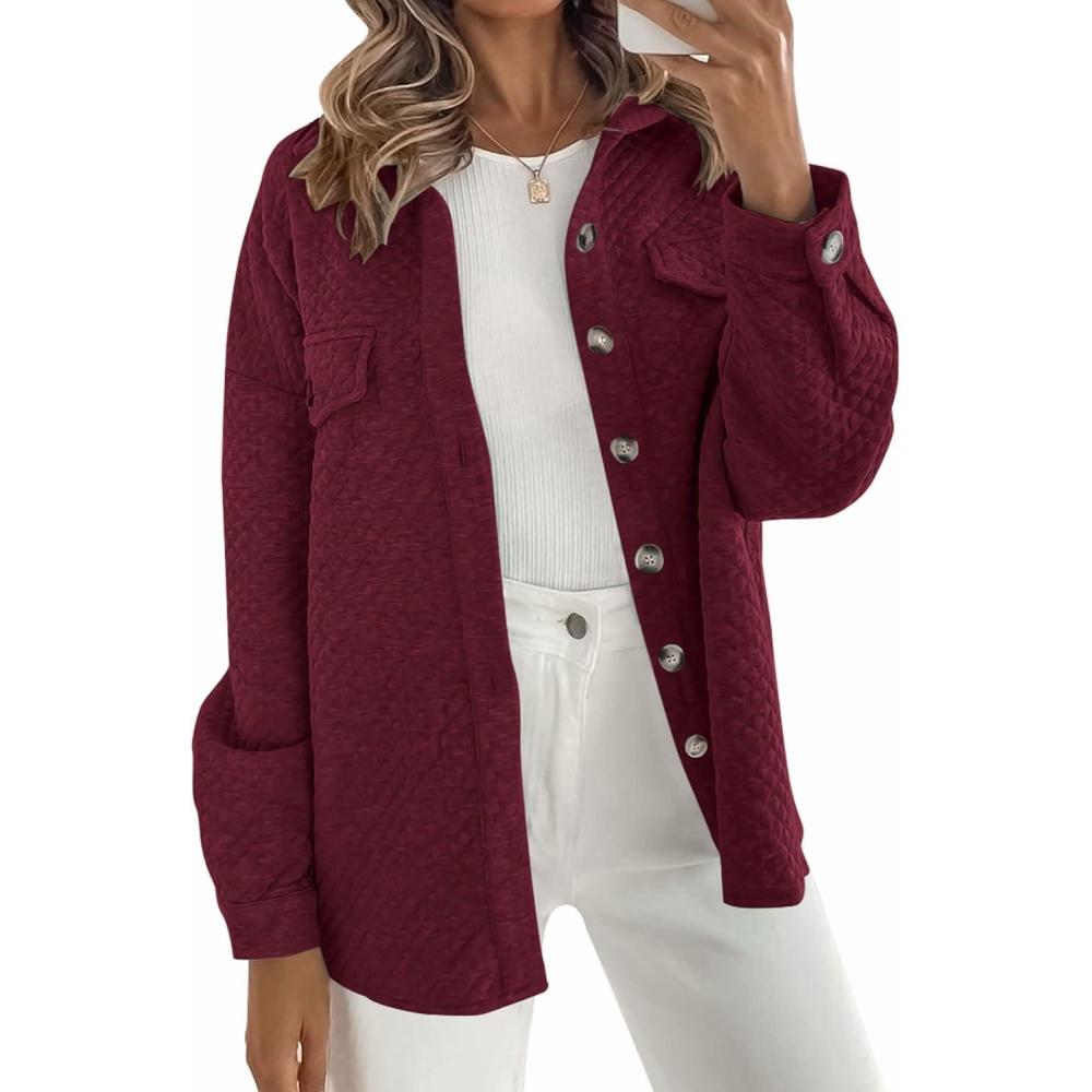imageZESICA Womens 2026 Spring Casual Long Sleeve Button Down Loose Lightweight Shacket Shirt Jacket Coat Outerwear with PocketsWine