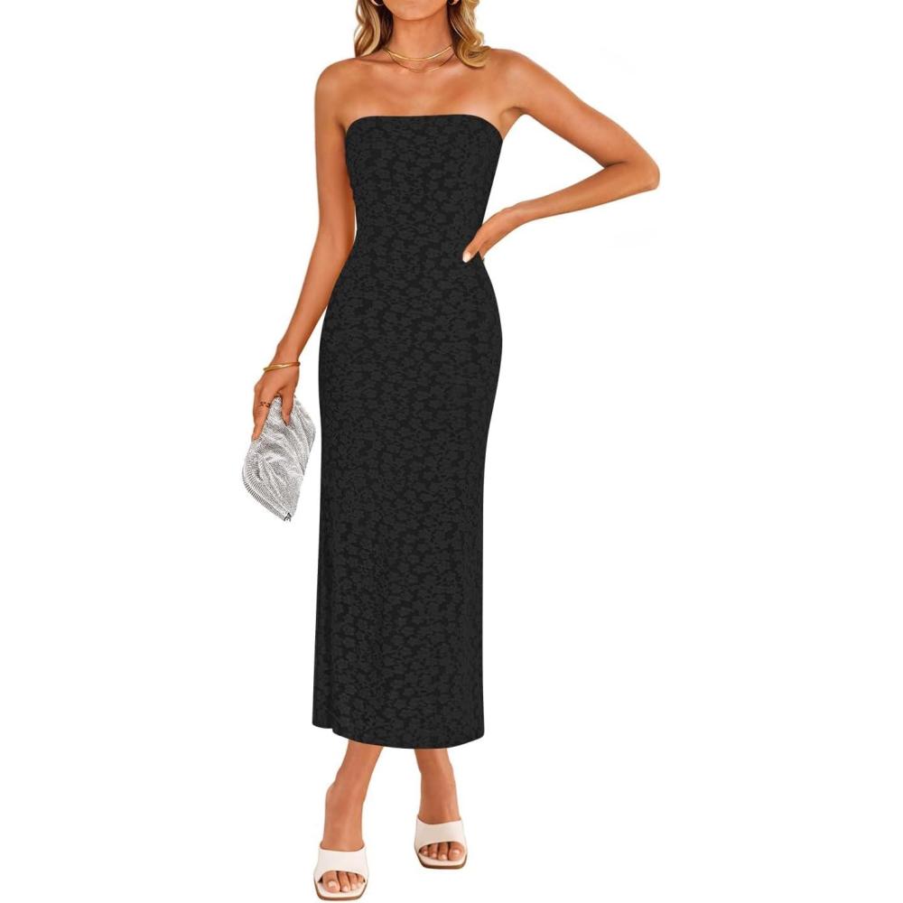 imageZESICA Womens 2026 Summer Boho Floral Strapless Bodycon Midi Dress Off Shoulder Tube Beach Cocktail Party Long DressesBlack