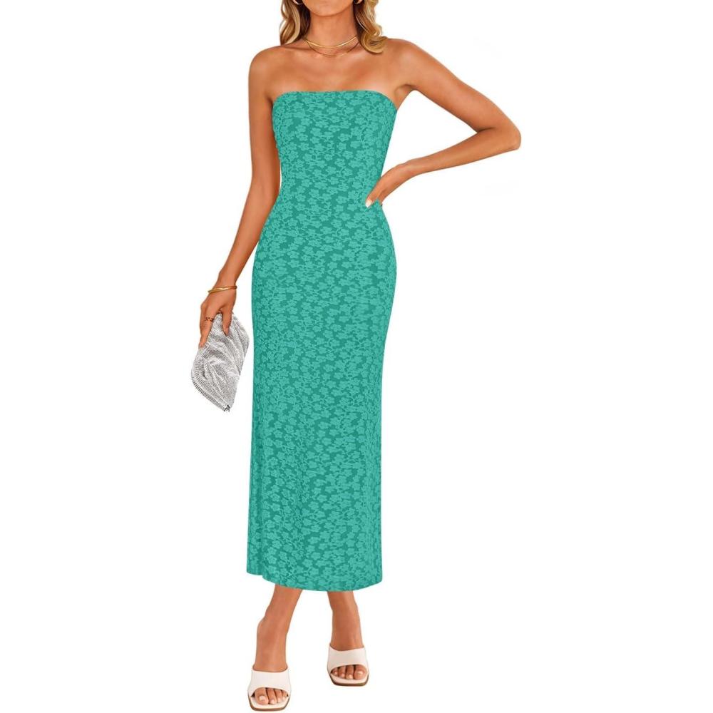 imageZESICA Womens 2026 Summer Boho Floral Strapless Bodycon Midi Dress Off Shoulder Tube Beach Cocktail Party Long DressesPeacock