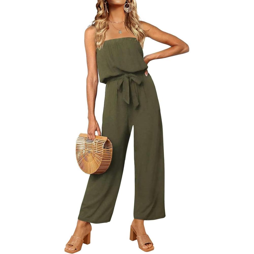 imageZESICA Womens Casual Off Shoulder Solid Color Strapless Belted Wide Leg Jumpsuit RomperArmy Green