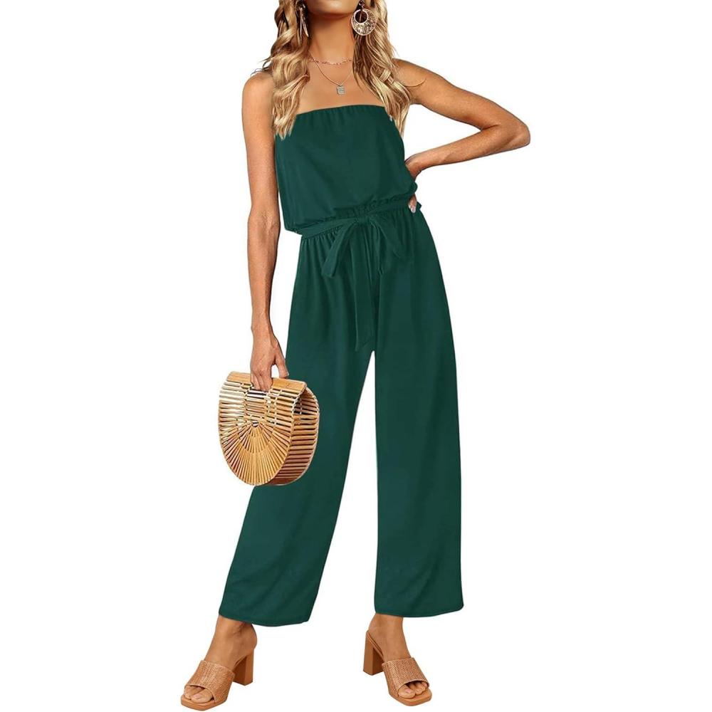 imageZESICA Womens Casual Off Shoulder Solid Color Strapless Belted Wide Leg Jumpsuit RomperDarkgreen