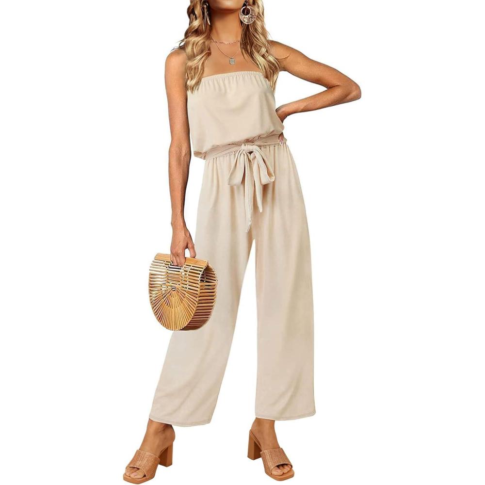 imageZESICA Womens Casual Off Shoulder Solid Color Strapless Belted Wide Leg Jumpsuit RomperNude