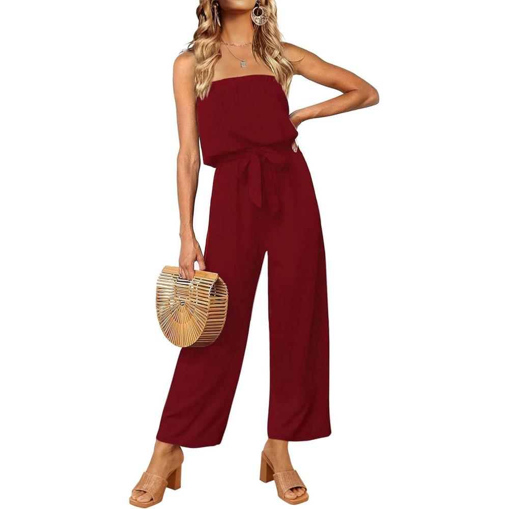 imageZESICA Womens Casual Off Shoulder Solid Color Strapless Belted Wide Leg Jumpsuit RomperWine