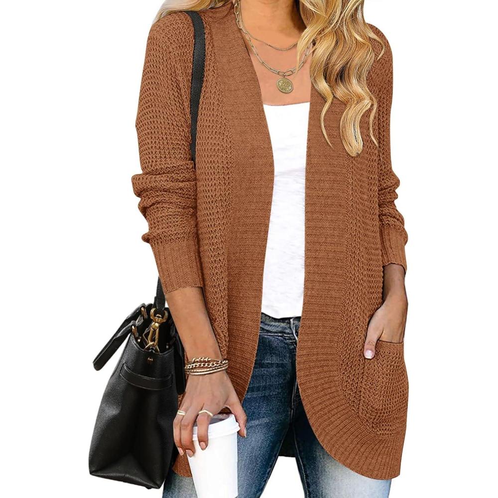 imageZESICA Womens Fall Winter 2026 Long Sleeve Open Front Casual Lightweight Soft Knit Cardigan Sweater OuterwearBrown
