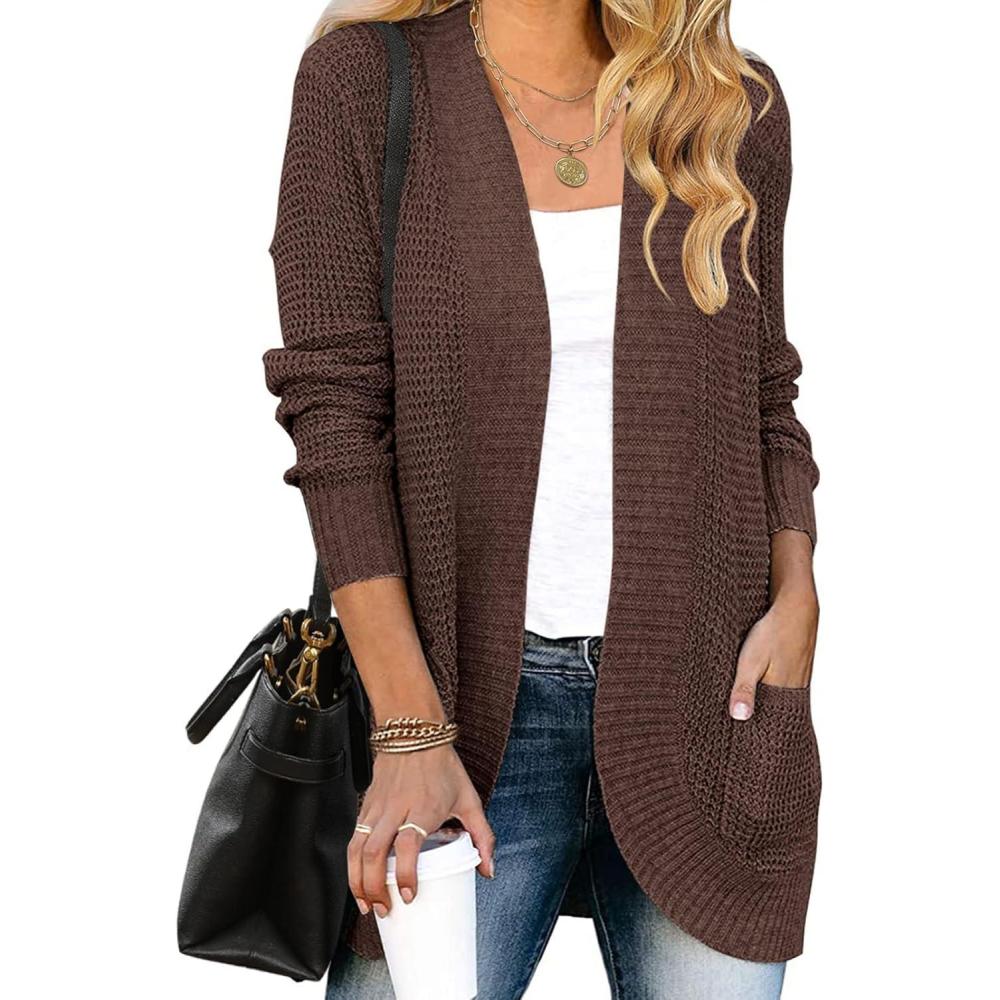imageZESICA Womens Fall Winter 2026 Long Sleeve Open Front Casual Lightweight Soft Knit Cardigan Sweater OuterwearCoffee