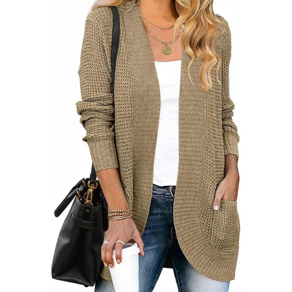 imageZESICA Womens Fall Winter 2026 Long Sleeve Open Front Casual Lightweight Soft Knit Cardigan Sweater OuterwearLightkhaki