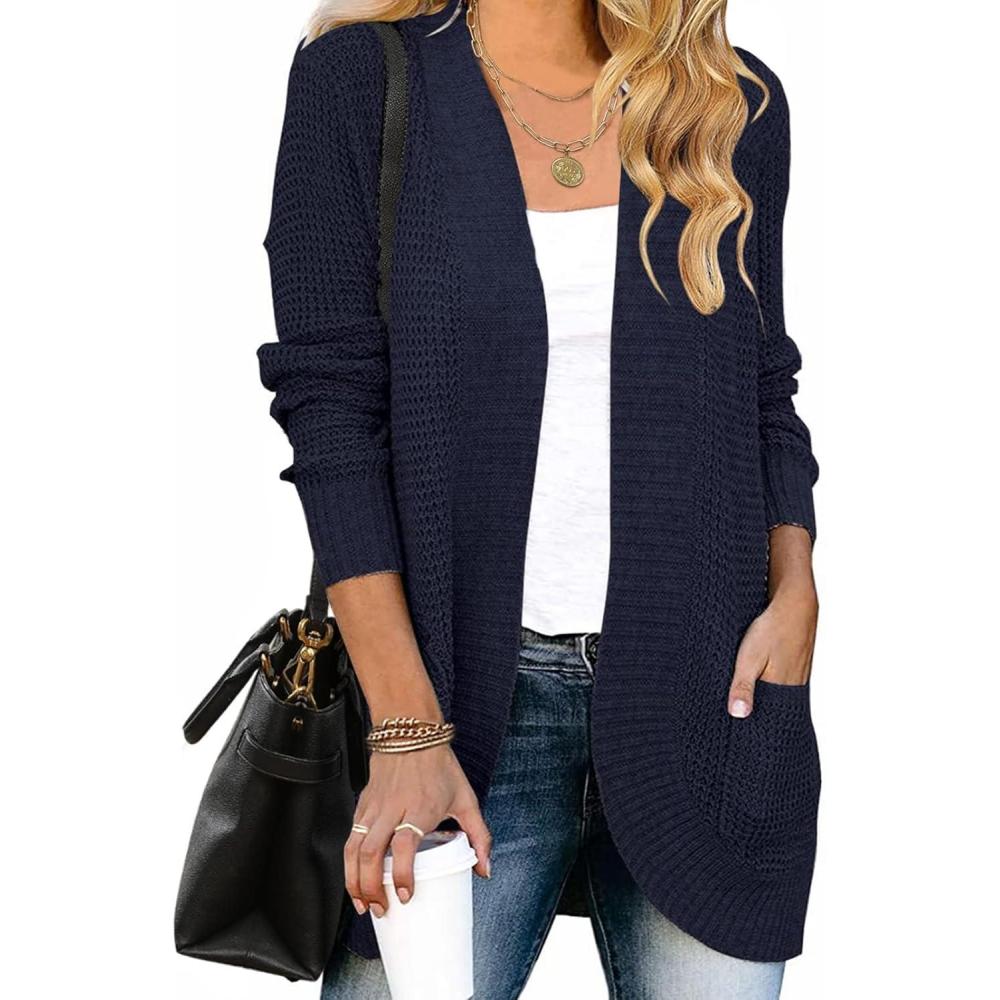 imageZESICA Womens Fall Winter 2026 Long Sleeve Open Front Casual Lightweight Soft Knit Cardigan Sweater OuterwearNavy