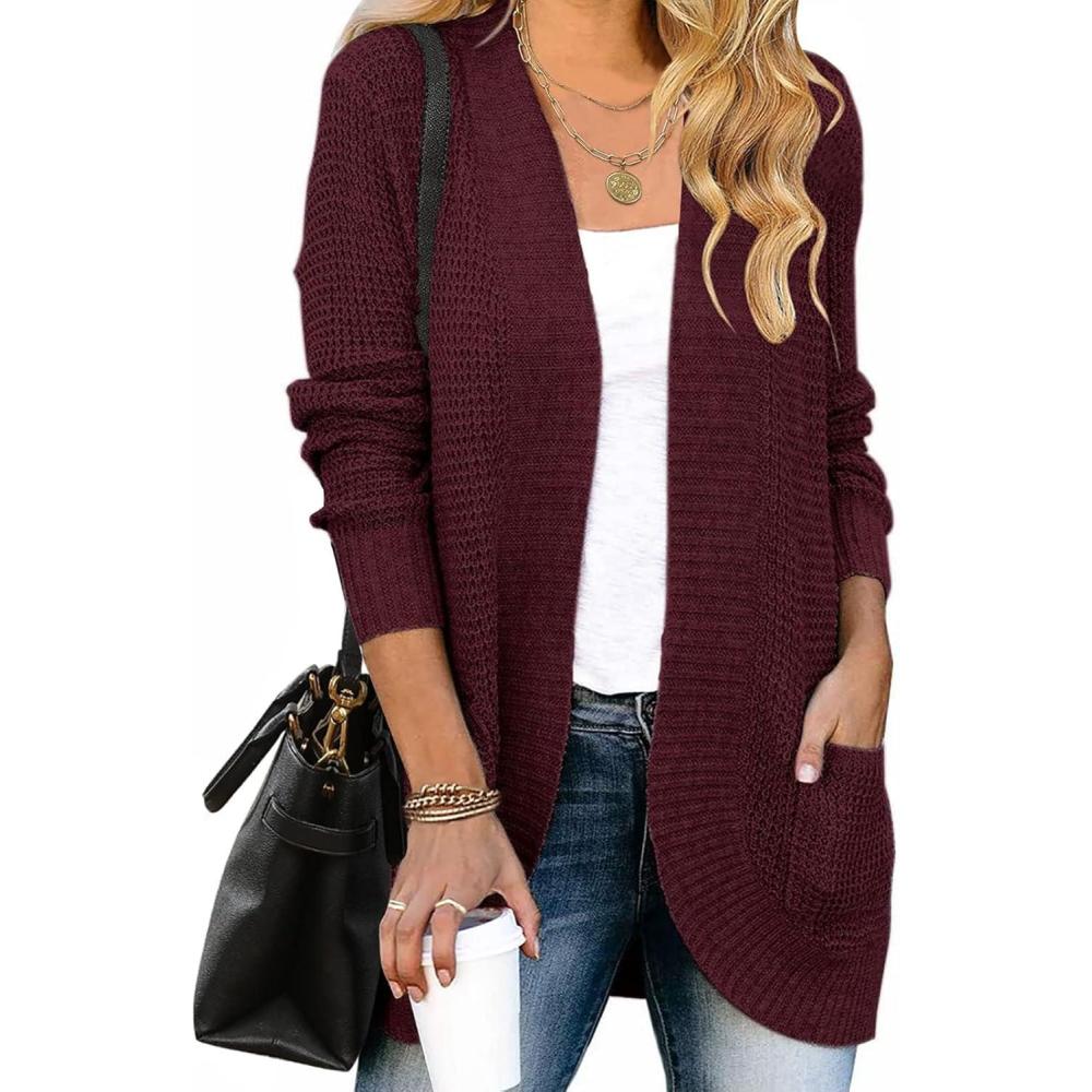 imageZESICA Womens Fall Winter 2026 Long Sleeve Open Front Casual Lightweight Soft Knit Cardigan Sweater OuterwearWine