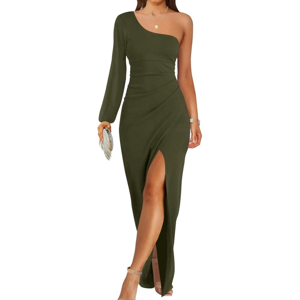 imageZESICA Womens One Shoulder Long Sleeve Cocktail Dress Sexy High Slit Ruched Bodycon Wedding Guest Maxi DressesArmygreen