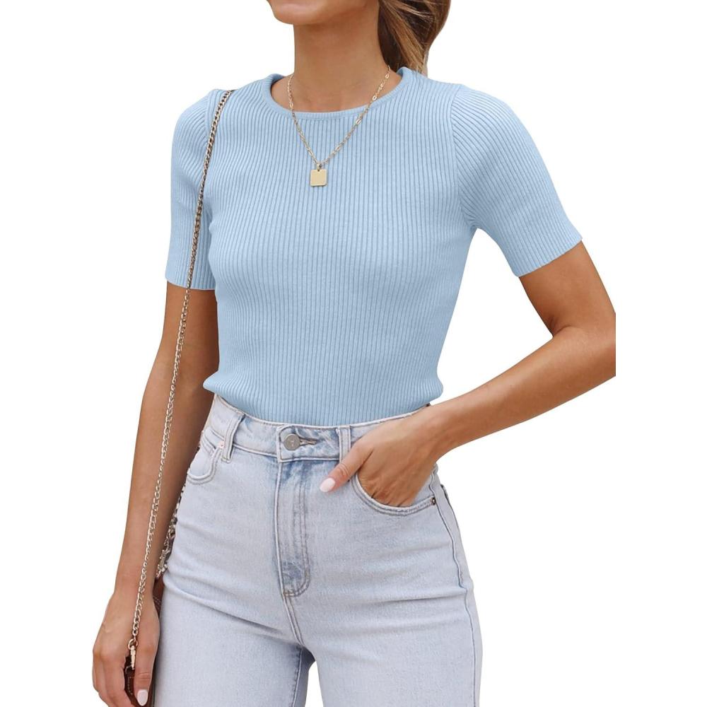 imageZESICA Womens Short Sleeve Sweater Tops 2026 Summer Crewneck T Shirt Ribbed Knit Slim Fit Basic Solid Color TeeSkyblue
