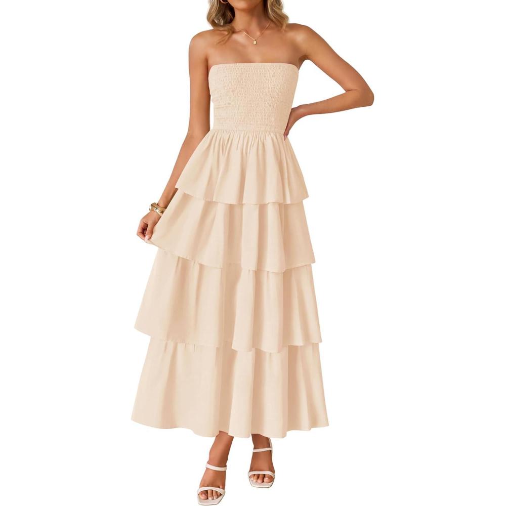 imageZESICA Womens Summer Boho Strapless Maxi Dress 2026 Casual Sleeveless Off Shoulder Smocked Tiered Beach Long SundressApricot