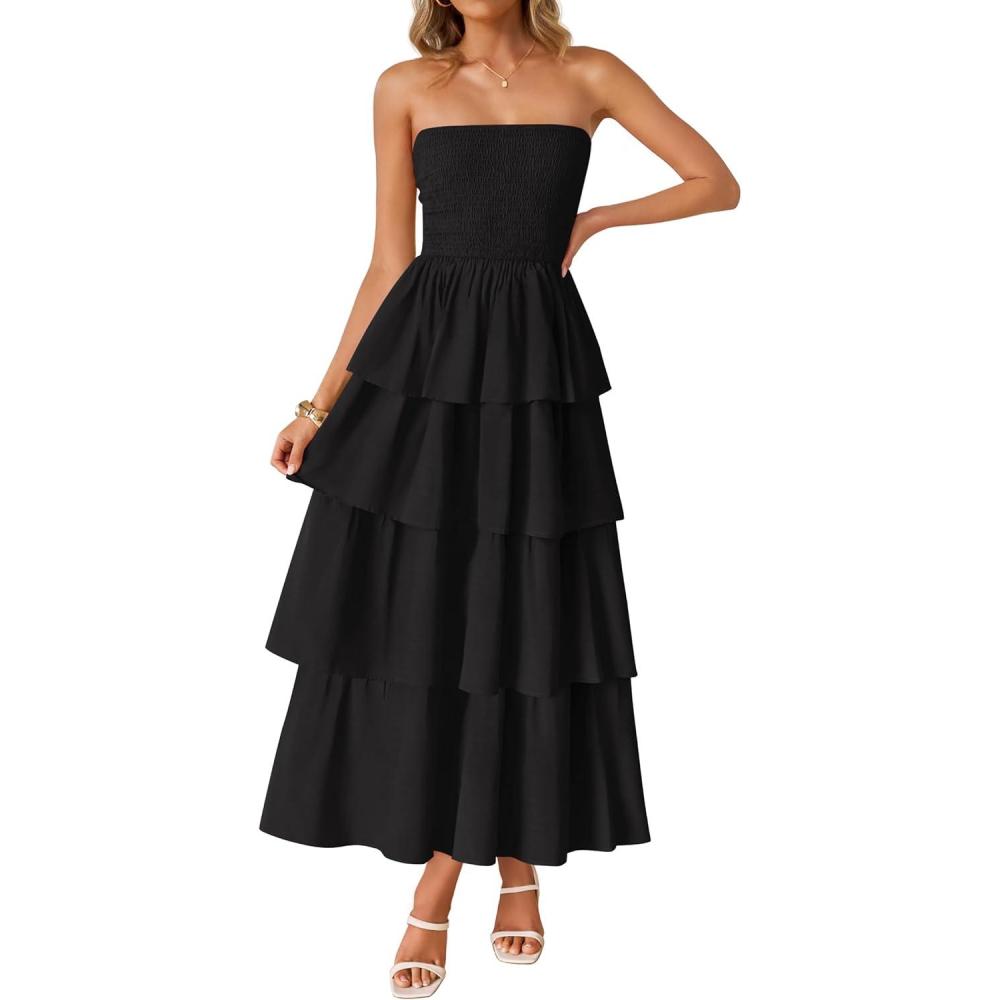 imageZESICA Womens Summer Boho Strapless Maxi Dress 2026 Casual Sleeveless Off Shoulder Smocked Tiered Beach Long SundressBlack