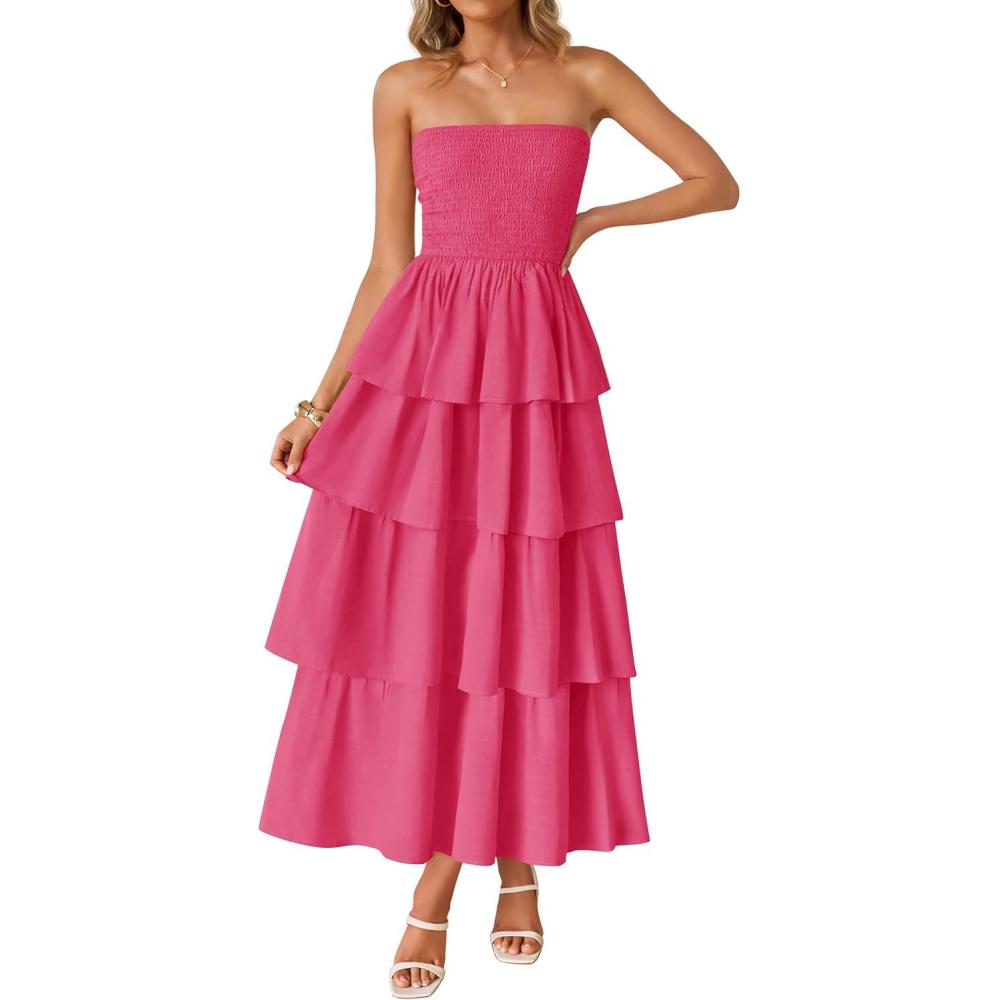 imageZESICA Womens Summer Boho Strapless Maxi Dress 2026 Casual Sleeveless Off Shoulder Smocked Tiered Beach Long SundressHot Pink