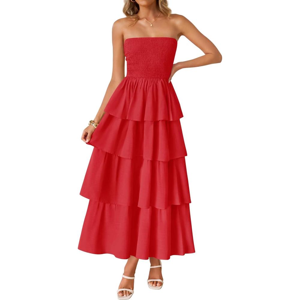 imageZESICA Womens Summer Boho Strapless Maxi Dress 2026 Casual Sleeveless Off Shoulder Smocked Tiered Beach Long SundressRed