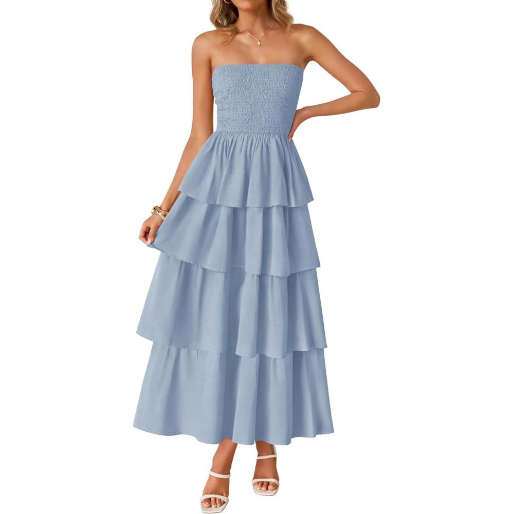imageZESICA Womens Summer Boho Strapless Maxi Dress 2026 Casual Sleeveless Off Shoulder Smocked Tiered Beach Long SundressSky