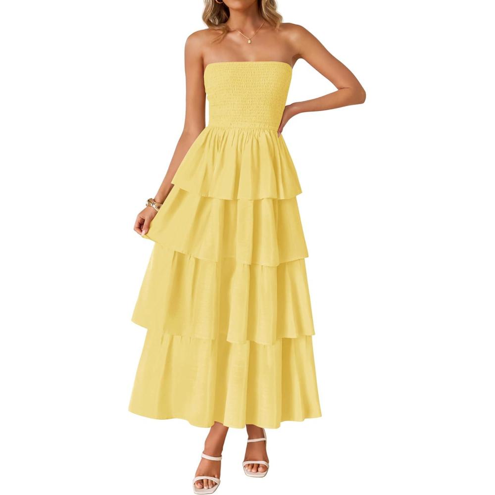 imageZESICA Womens Summer Boho Strapless Maxi Dress 2026 Casual Sleeveless Off Shoulder Smocked Tiered Beach Long SundressYellow