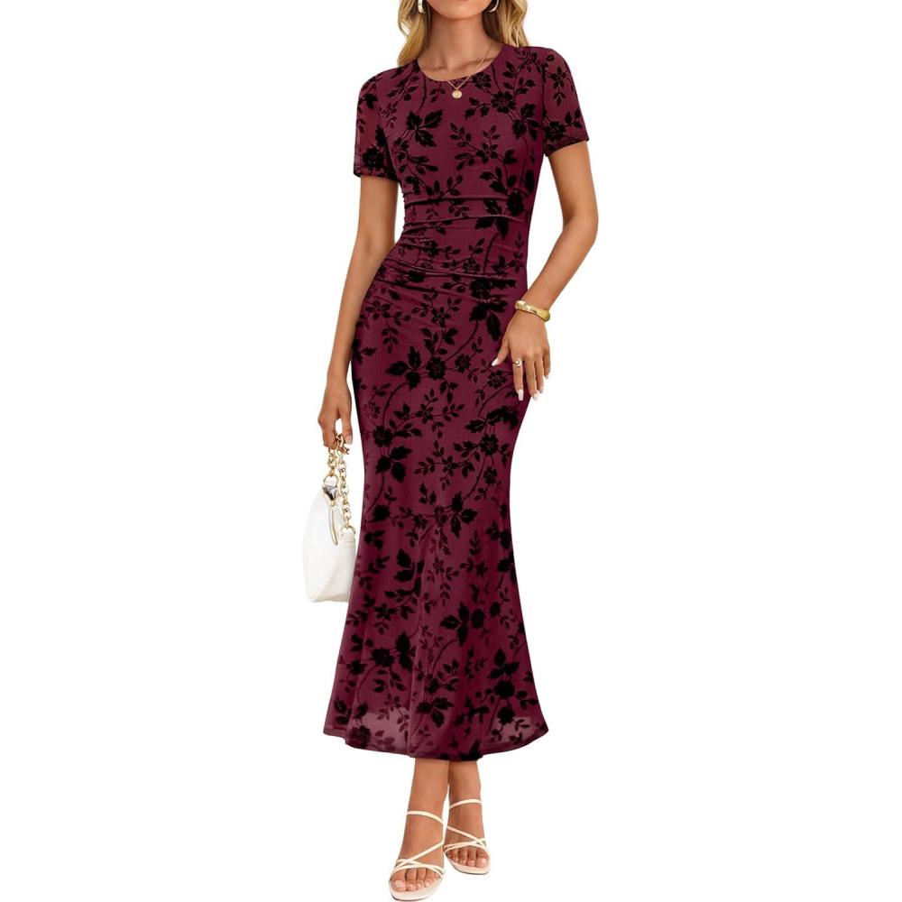 imageZESICA Womens Summer Short Sleeve Floral Bodycon Dress 2026 Ruched Mesh Wedding Guest Cocktail Party Maxi DressesWine