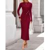 ZESICA Womens 2026 Fall Long Sleeve Mock Neck Bodycon Midi Dress Ruched Knit Elegant Party Cocktail Formal Dresses(Red)