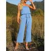 ZESICA Women’s Casual Off Shoulder Solid Color Strapless Belted Wide Leg Jumpsuit Romper(Blue)