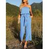 ZESICA Women’s Casual Off Shoulder Solid Color Strapless Belted Wide Leg Jumpsuit Romper(Blue)