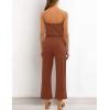 ZESICA Women’s Casual Off Shoulder Solid Color Strapless Belted Wide Leg Jumpsuit Romper(Caramel)