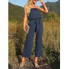 ZESICA Women’s Casual Off Shoulder Solid Color Strapless Belted Wide Leg Jumpsuit Romper(Navyblue)
