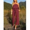 ZESICA Women’s Casual Off Shoulder Solid Color Strapless Belted Wide Leg Jumpsuit Romper(Wine)