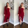 ZESICA Women’s One Shoulder Long Sleeve Cocktail Dress Sexy High Slit Ruched Bodycon Wedding Guest Maxi Dresses(Wine)