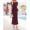 ZESICA Women’s Summer Short Sleeve Floral Bodycon Dress 2026 Ruched Mesh Wedding Guest Cocktail Party Maxi Dresses(Wine)