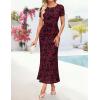 ZESICA Women’s Summer Short Sleeve Floral Bodycon Dress 2026 Ruched Mesh Wedding Guest Cocktail Party Maxi Dresses(Wine)
