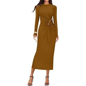 ZESICA Womens 2026 Fall Long Sleeve Mock Neck Bodycon Midi Dress Ruched Knit Elegant Party Cocktail Formal Dresses(Brown)