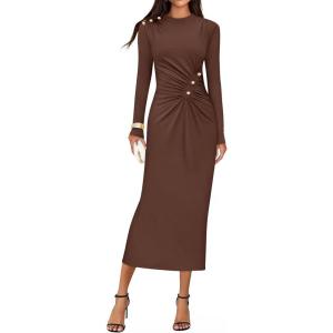 ZESICA Womens 2026 Fall Long Sleeve Mock Neck Bodycon Midi Dress Ruched Knit Elegant Party Cocktail Formal Dresses(Coffee)